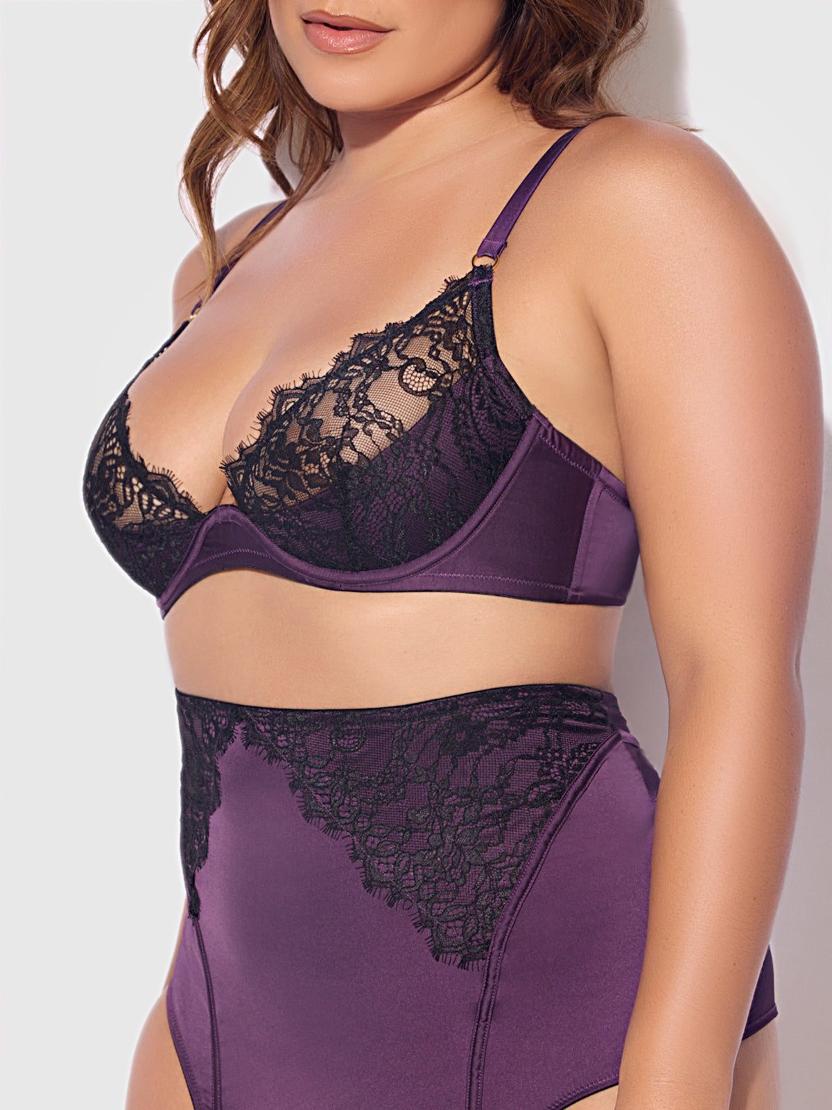 Jocelyn Lace & Satin Demi Bra Half Skirt & G-String Bra Set Purple