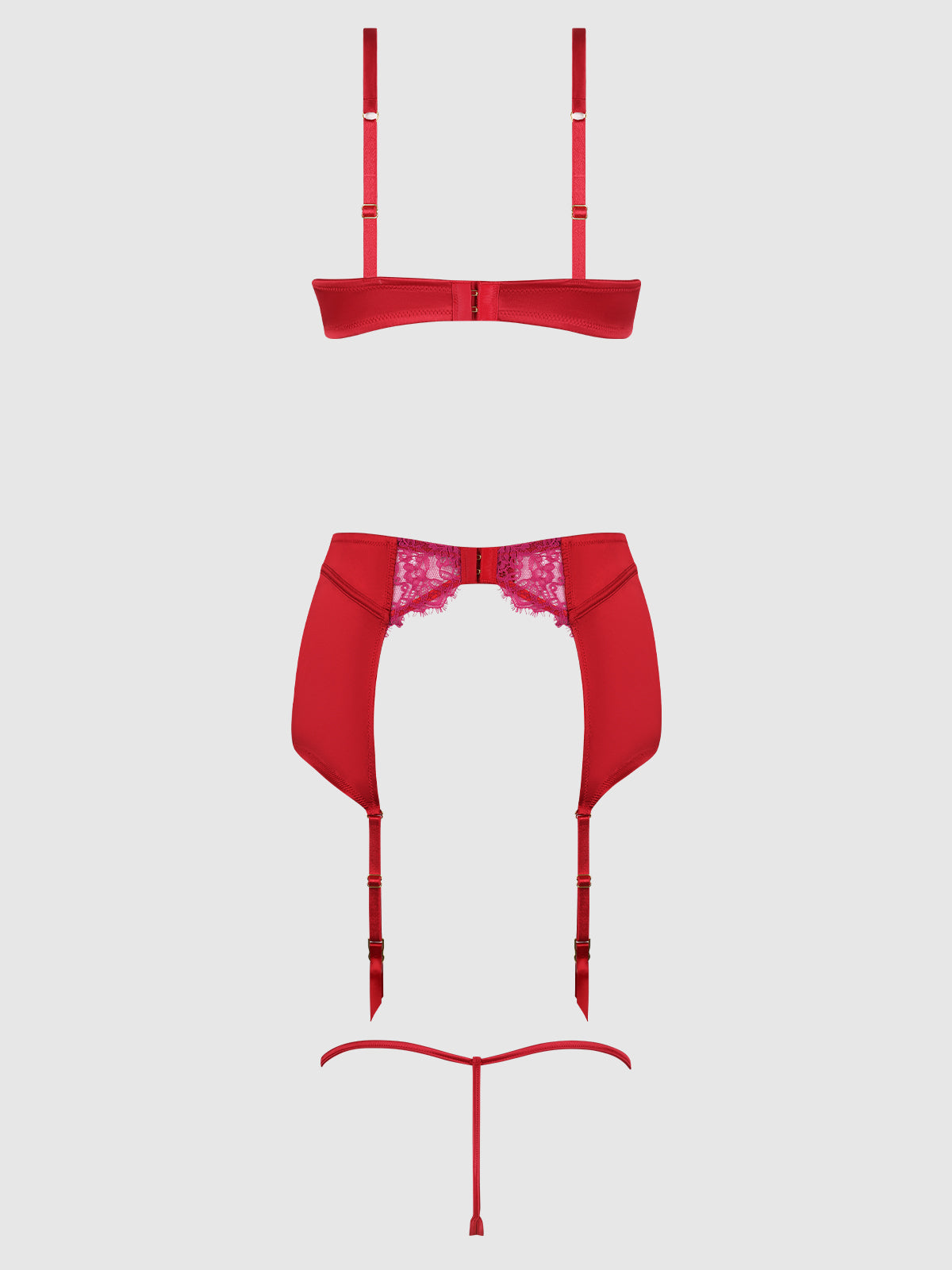 Jocelyn Lace & Satin Demi Bra Half Skirt & G-String Bra Set Crimson Red/Raspberry