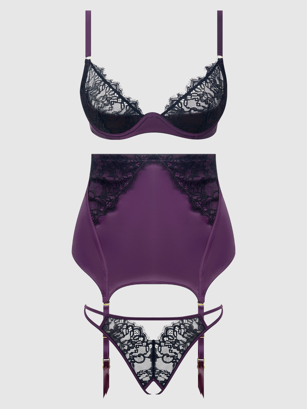 Jocelyn Lace & Satin Demi Bra Half Skirt & G-String Bra Set Purple