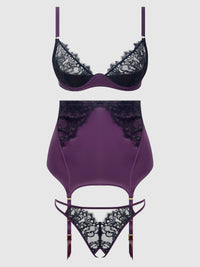 House of Desire Jocelyn Lace & Satin Demi Bra Half Skirt & G-String Bra Set