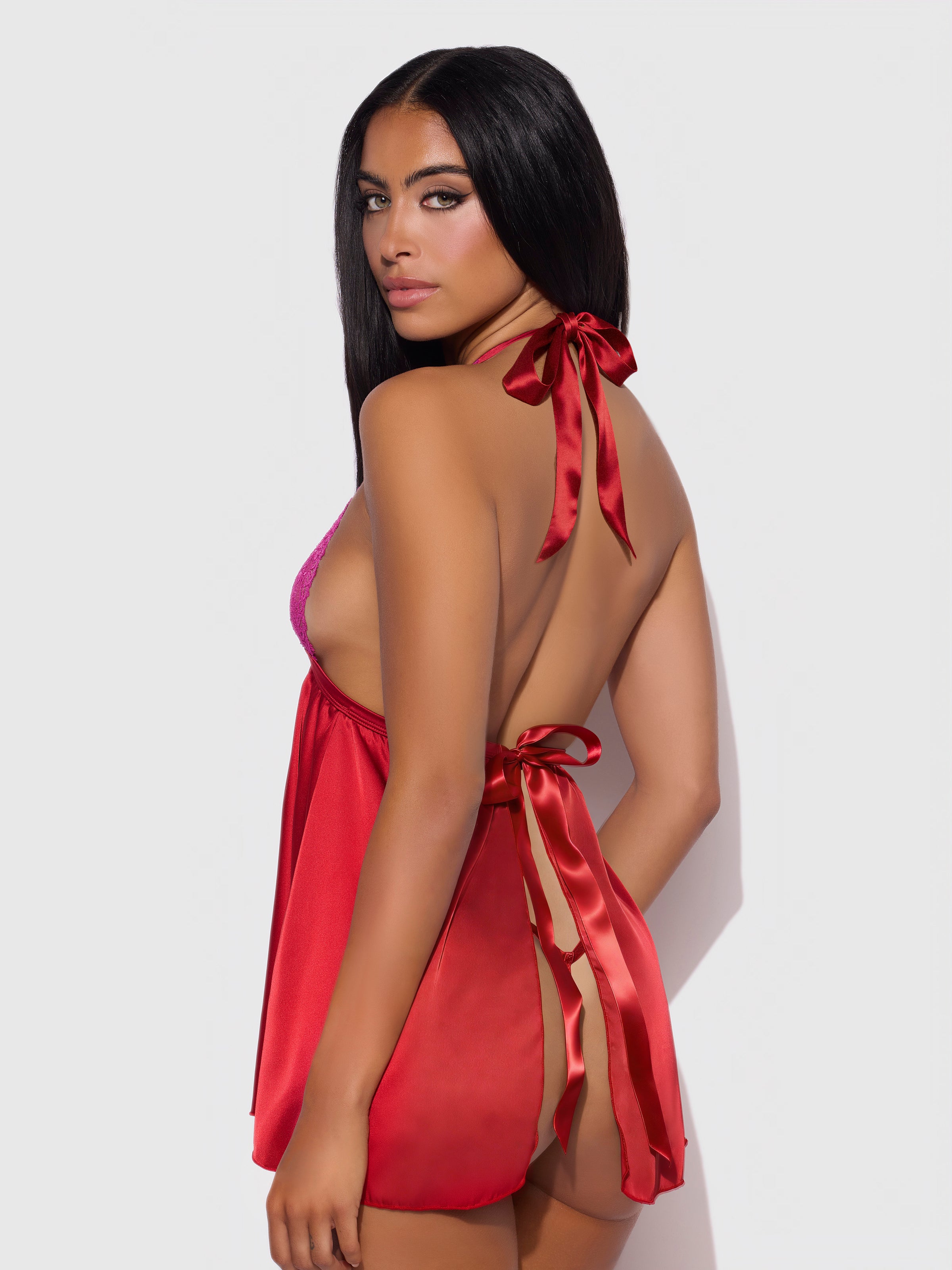 House of Desire Jocelyn Lace & Satin Drop Off Babydoll Set Crimson Red Raspberry