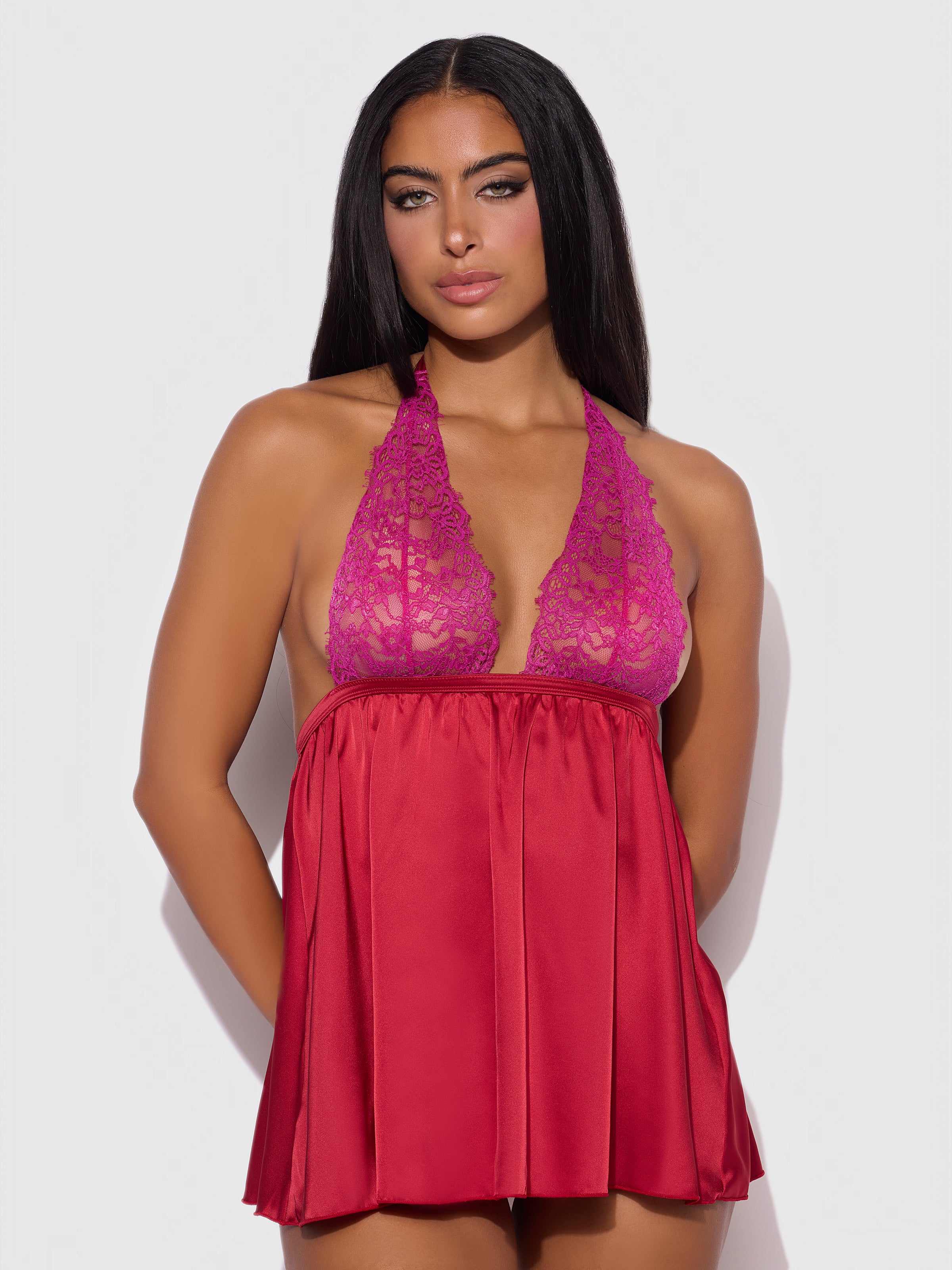 House of Desire Jocelyn Lace & Satin Drop Off Babydoll Set Crimson Red Raspberry