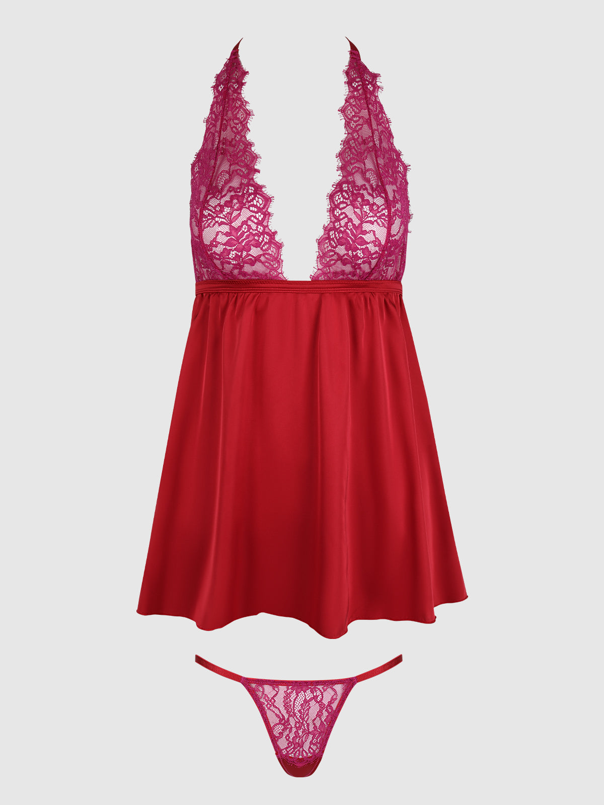 House of Desire Jocelyn Lace & Satin Drop Off Babydoll Set Crimson Red Raspberry
