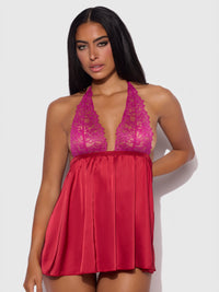 House of Desire Jocelyn Lace & Satin Drop Off Babydoll Set Crimson Red Raspberry