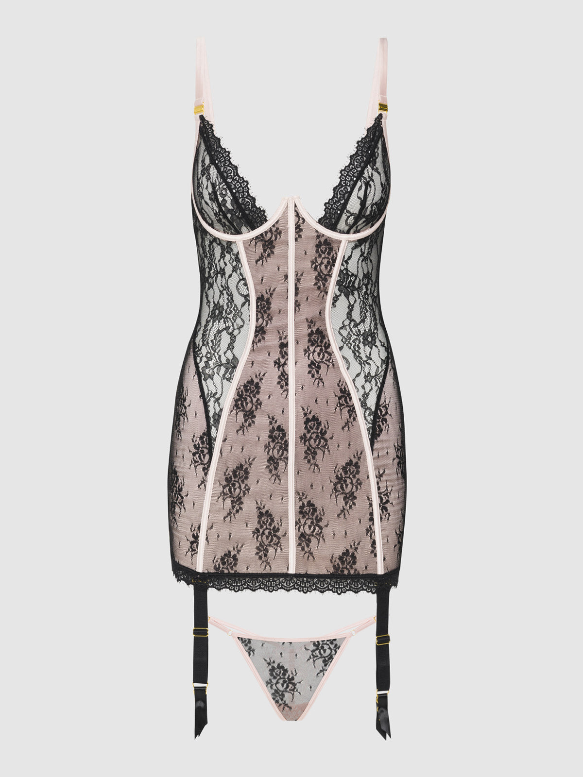 Jocelyn Lace & Satin Garter Chemise & G-String Set Black/Light Pink