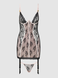 Jocelyn Lace & Satin Garter Chemise & G-String Set Black/Light Pink