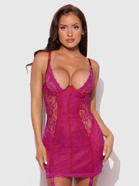 House of Desire Jocelyn Lace & Satin Garter Chemise & G-String Set