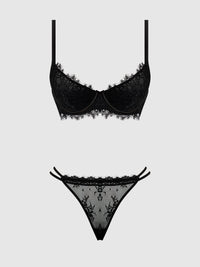 House of Desire Jocelyn Lace & Satin Push Up Bra Strappy Thong Set Black