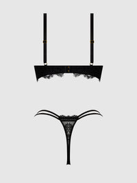House of Desire Jocelyn Lace & Satin Push Up Bra Strappy Thong Set Black