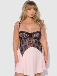 House of Desire Jocelyn Satin & Lace Babydoll Set Black/Light Pink