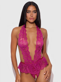 House of Desire Jocelyn Satin & Lace Drop Off Crotchless Teddy Crimson Red Raspberry