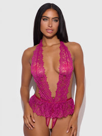 House of Desire Jocelyn Satin & Lace Drop Off Crotchless Teddy Crimson Red Raspberry