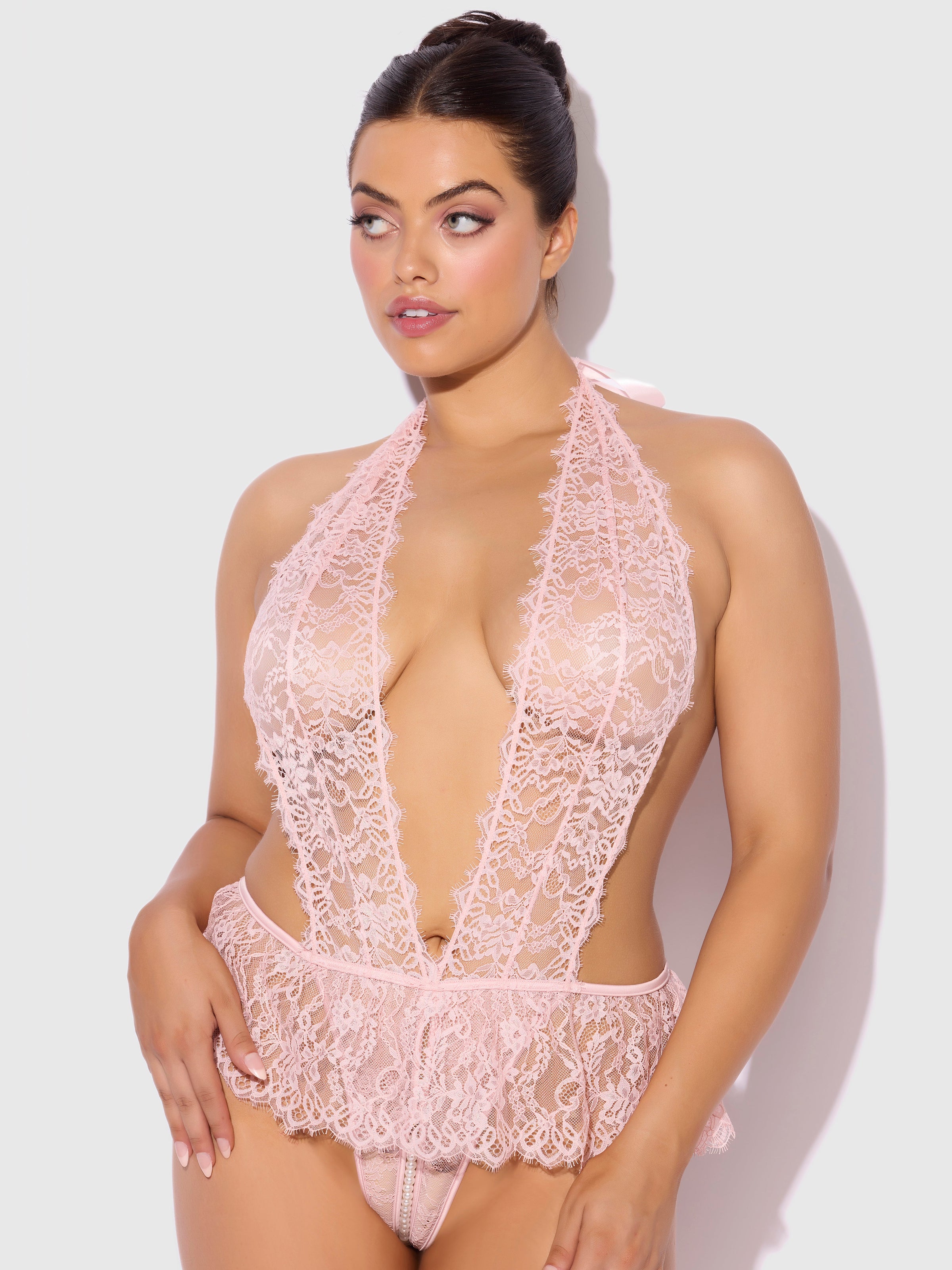 House of Desire Jocelyn Satin & Lace Drop Off Crotchless Teddy Light Pink