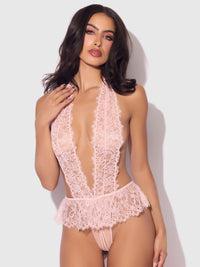 House of Desire Jocelyn Satin & Lace Drop Off Crotchless Teddy Light Pink