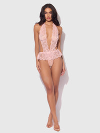 House of Desire Jocelyn Satin & Lace Drop Off Crotchless Teddy Light Pink