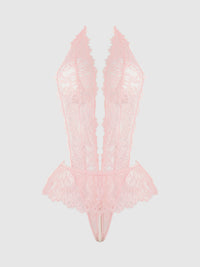 House of Desire Jocelyn Satin & Lace Drop Off Crotchless Teddy Light Pink
