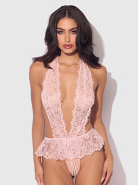 House of Desire Jocelyn Satin & Lace Drop Off Crotchless Teddy Light Pink
