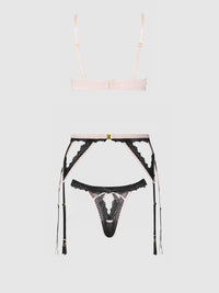 House of Desire Jocelyn Satin & Lace Garter Push-Up Bra Set Pink