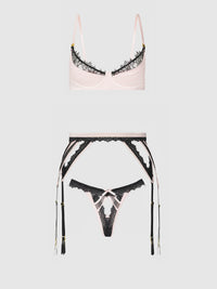 House of Desire Jocelyn Satin & Lace Garter Push-Up Bra Set Pink