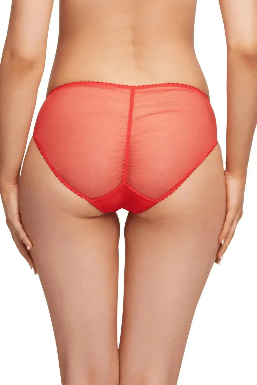 Dita Von Teese Julie's Roses red satin bikini panty with sheer back tulle and ruched center seam.