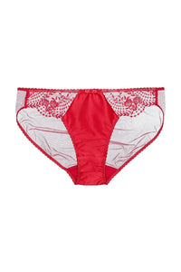 Red satin bikini panty with delicate embroidered roses and sheer tulle back for romantic styling.