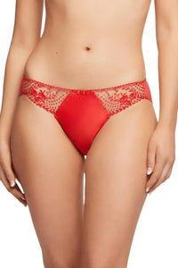 Red satin bikini panty with embroidered roses, sheer tulle, and a flattering ruched center seam.