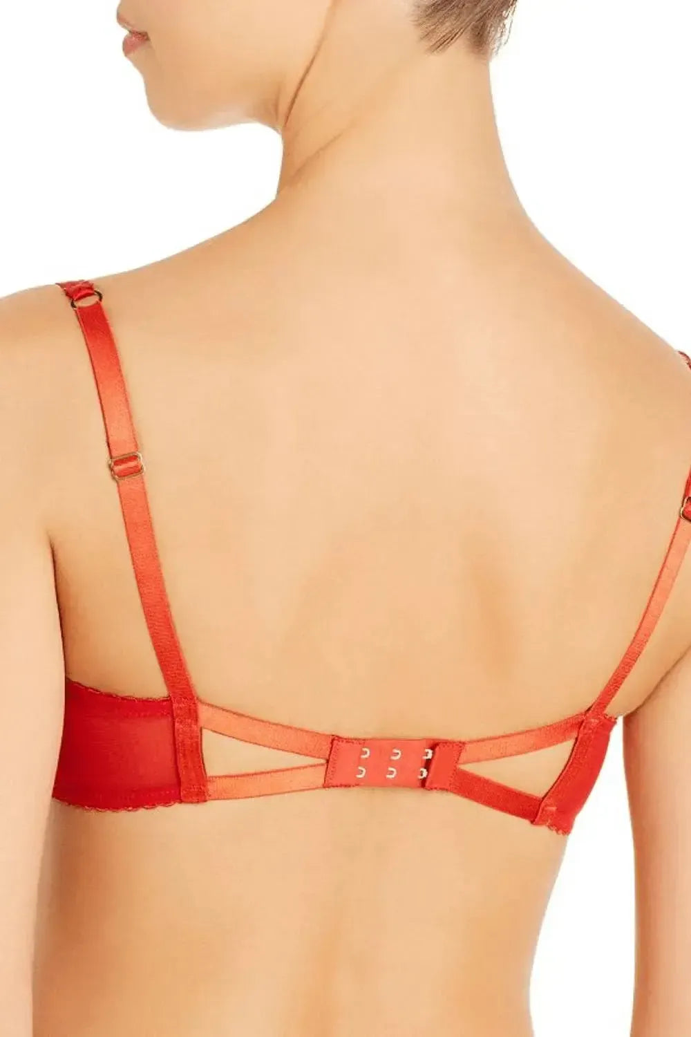 Red sheer mesh unlined bra with satin band, adjustable straps, and cutout back.