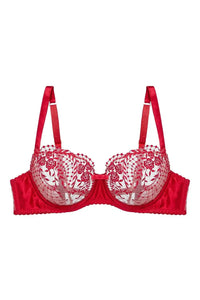 Dita Von Teese Julie's Roses red sheer mesh unlined bra with embroidered roses and satin band.