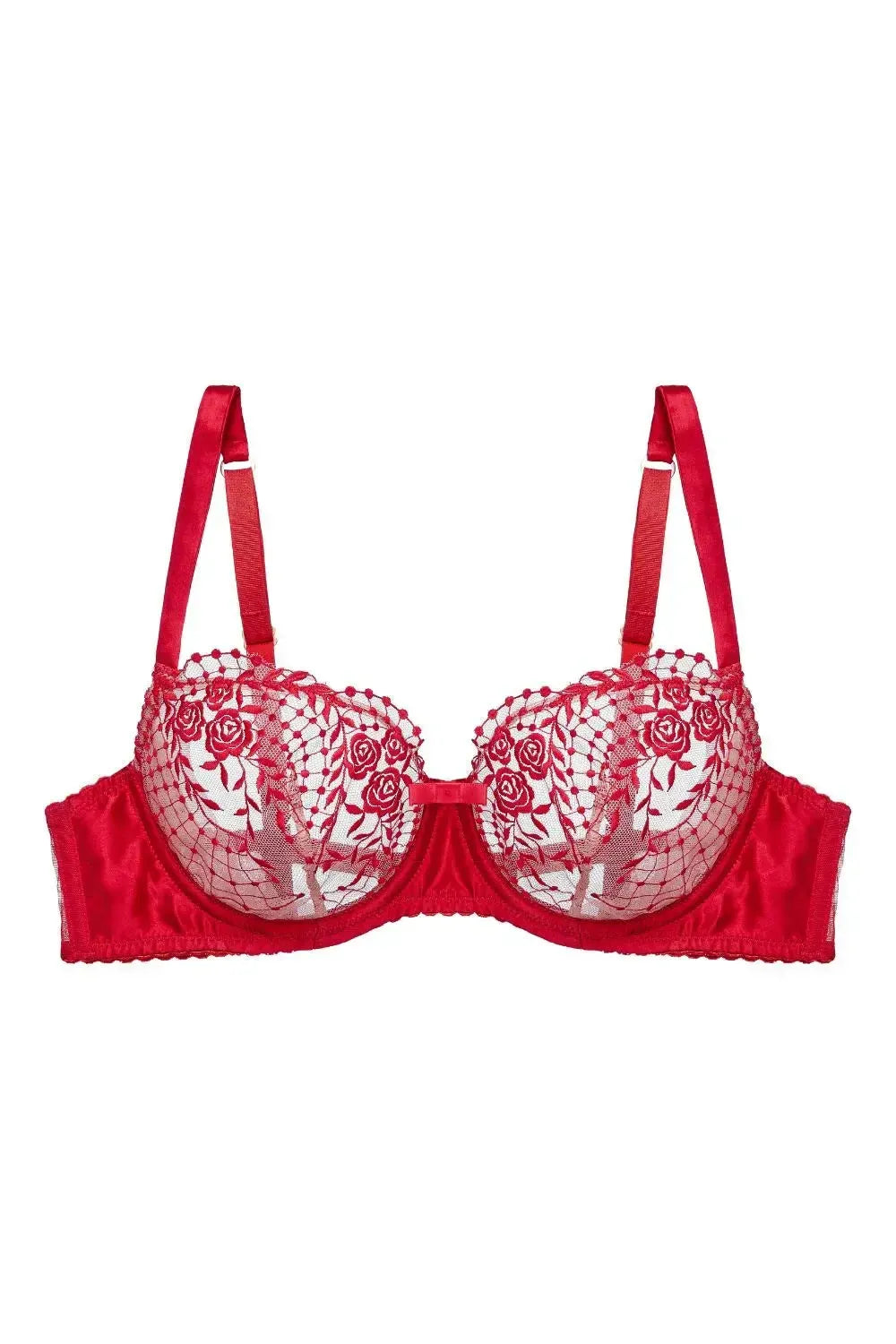 Dita Von Teese Julie's Roses red sheer mesh unlined bra with embroidered roses and satin band.
