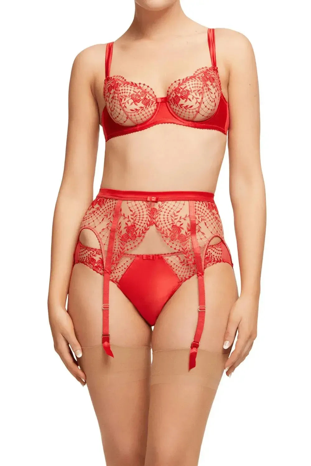Dita Von Teese Julie's Roses red sheer mesh unlined bra and matching high-waisted garter belt with embroidered roses.