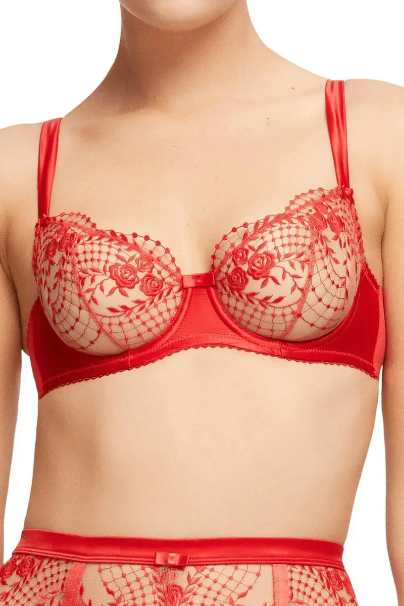 Dita Von Teese Julie's Roses sheer red mesh unlined bra with delicate embroidered roses and satin band.
