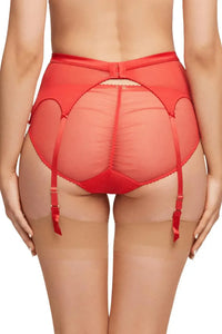 Dita Von Teese Julie's Roses sheer red suspender belt with satin waistband and adjustable garter straps.