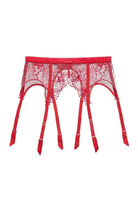 Dita Von Teese Julie's Roses sheer red suspender belt with embroidered roses and satin waistband.