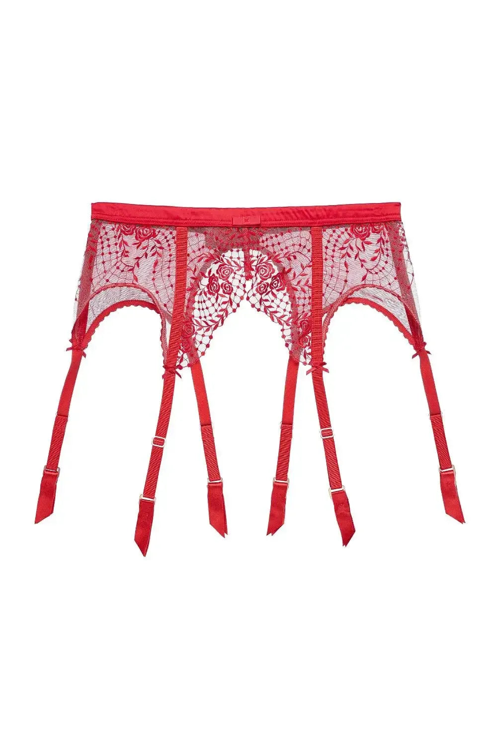 Dita Von Teese Julie's Roses sheer red suspender belt with embroidered roses and satin waistband.