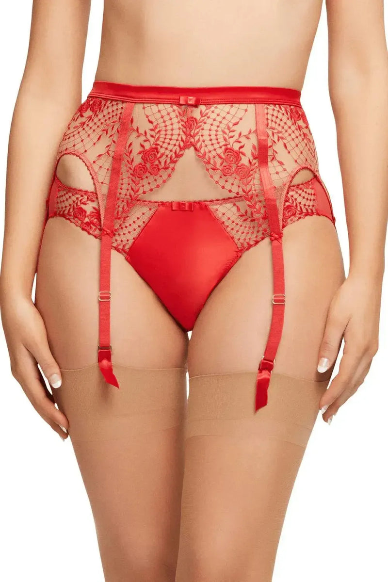 Dita Von Teese Julie's Roses sheer red suspender belt with embroidered roses, satin, and bows.
