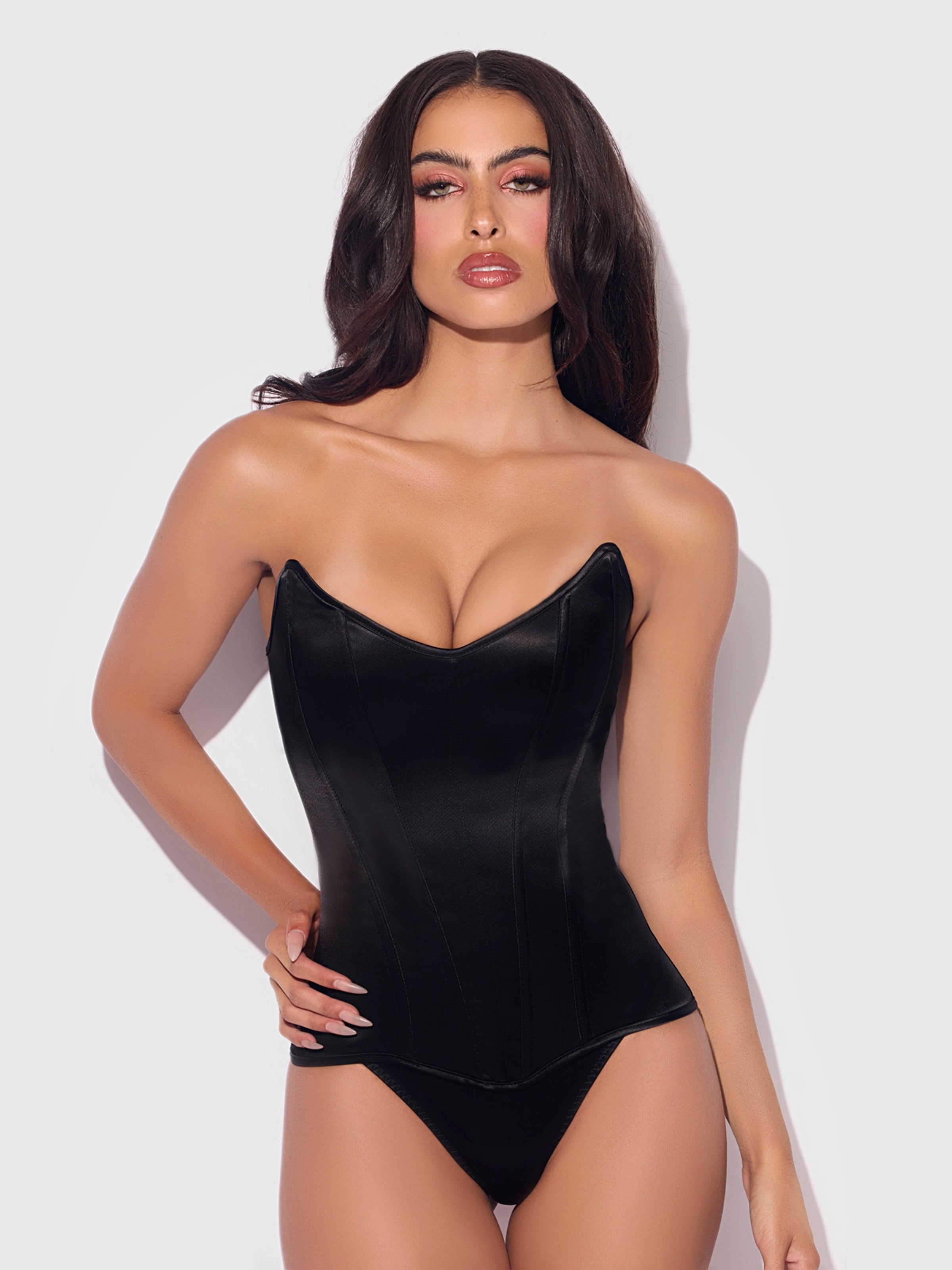 House of Desire Juliet Satin Full Boning Scoop Neck Corset Black