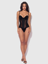 House of Desire Juliet Satin & Mesh Plunge Underwire Corset Black