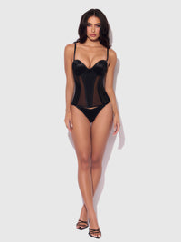 House of Desire Juliet Satin & Mesh Plunge Underwire Corset Black