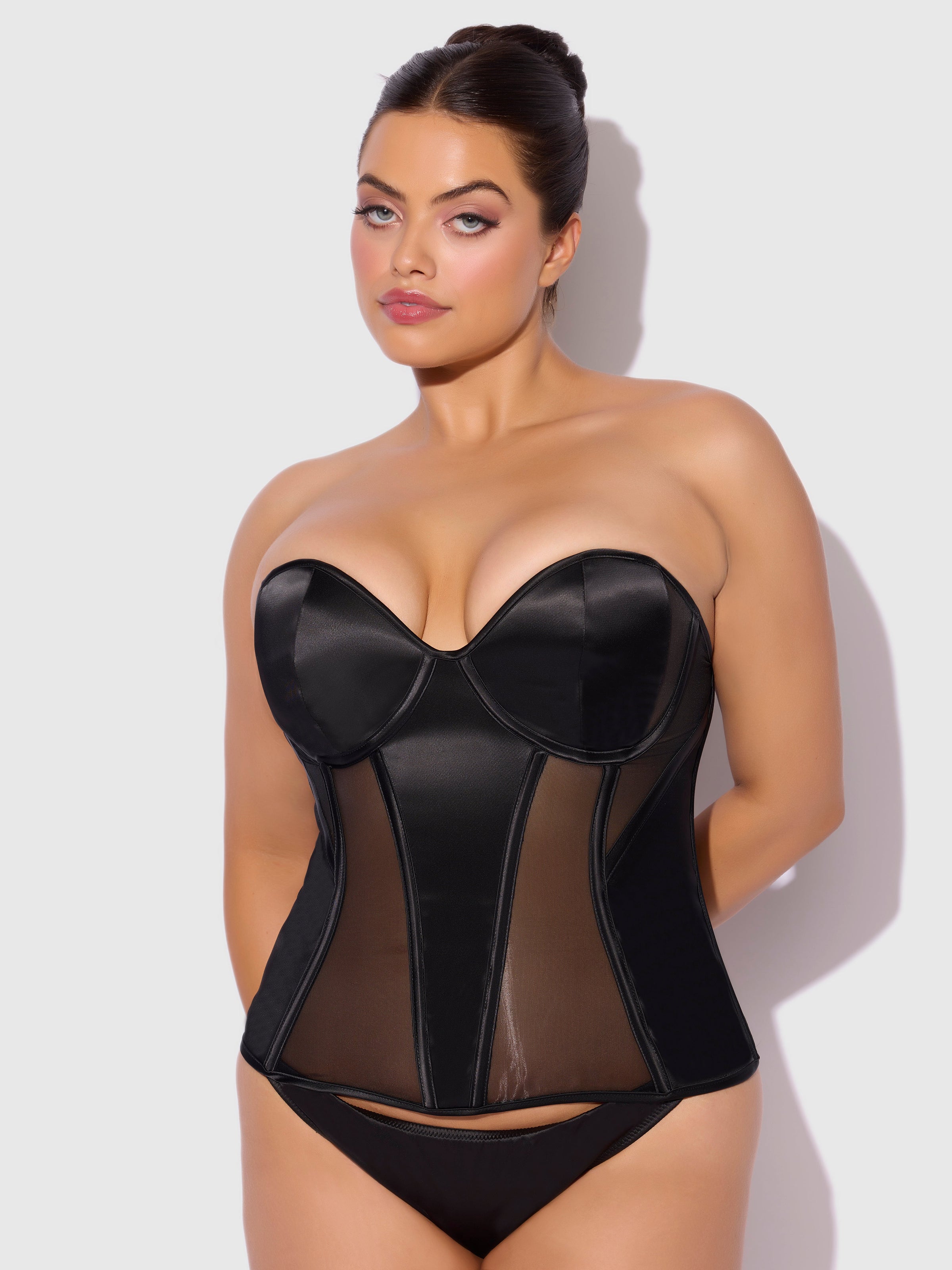 House of Desire Juliet Satin & Mesh Plunge Underwire Corset Black