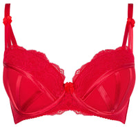 Captivating red Karida push-up bra with delicate tulle, elegant lace, and satin ribbon details.
