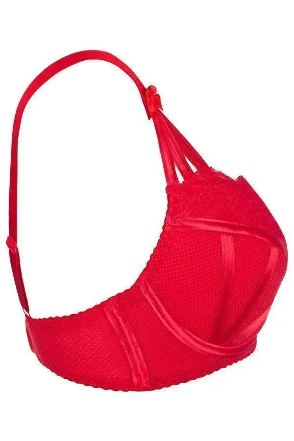 Captivating Karida red push-up bra with delicate tulle, elegant lace, and satin ribbon details.