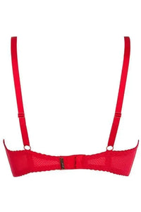 Back view of the seductive Karida Push-up Bra in delicate red tulle and elegant lace with hook-and-eye closure.