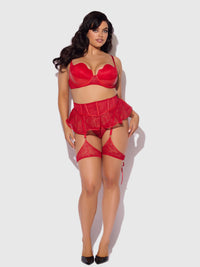 House of Desire Kiki Lace & Faux Leather Skirted Garter Belt Barbados Cherry Red