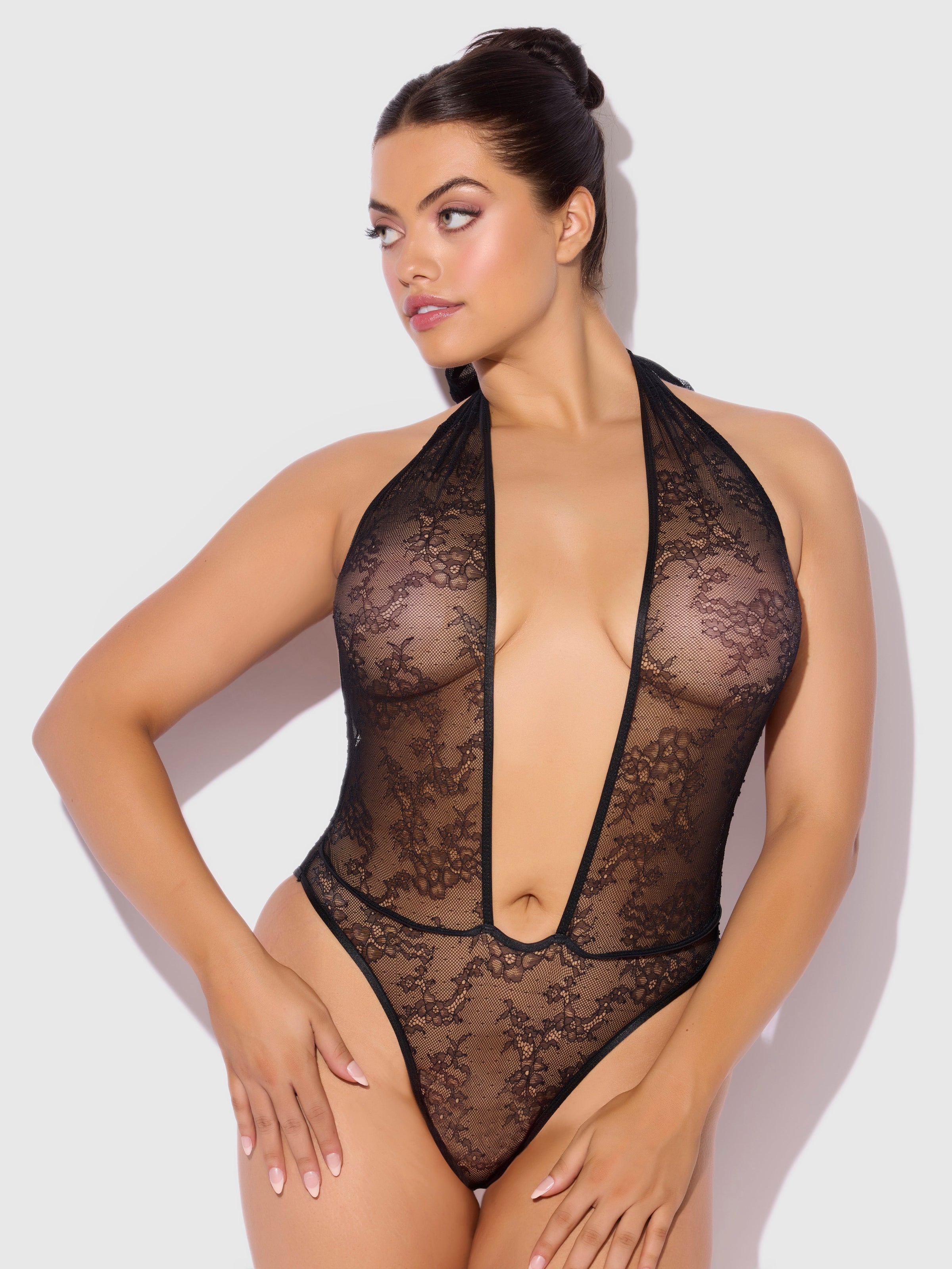 Kiki Lace Plunge Halter Teddy Black