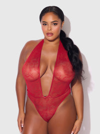 Kiki Lace Plunge Halter Teddy Crimson Red