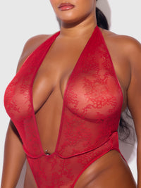 Kiki Lace Plunge Halter Teddy Crimson Red