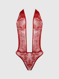 Kiki Lace Plunge Halter Teddy Crimson Red