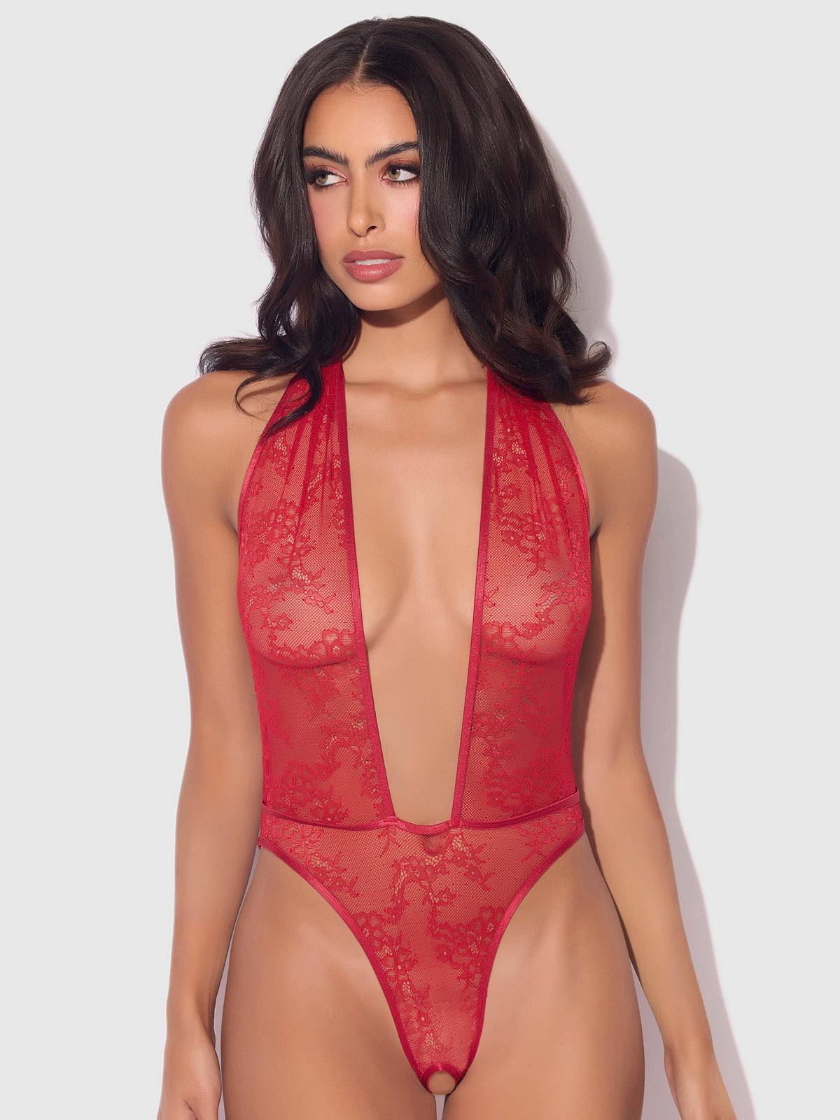 Kiki Lace Plunge Halter Teddy Crimson Red