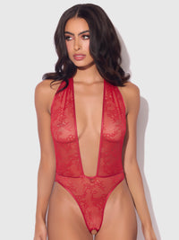 Kiki Lace Plunge Halter Teddy Crimson Red