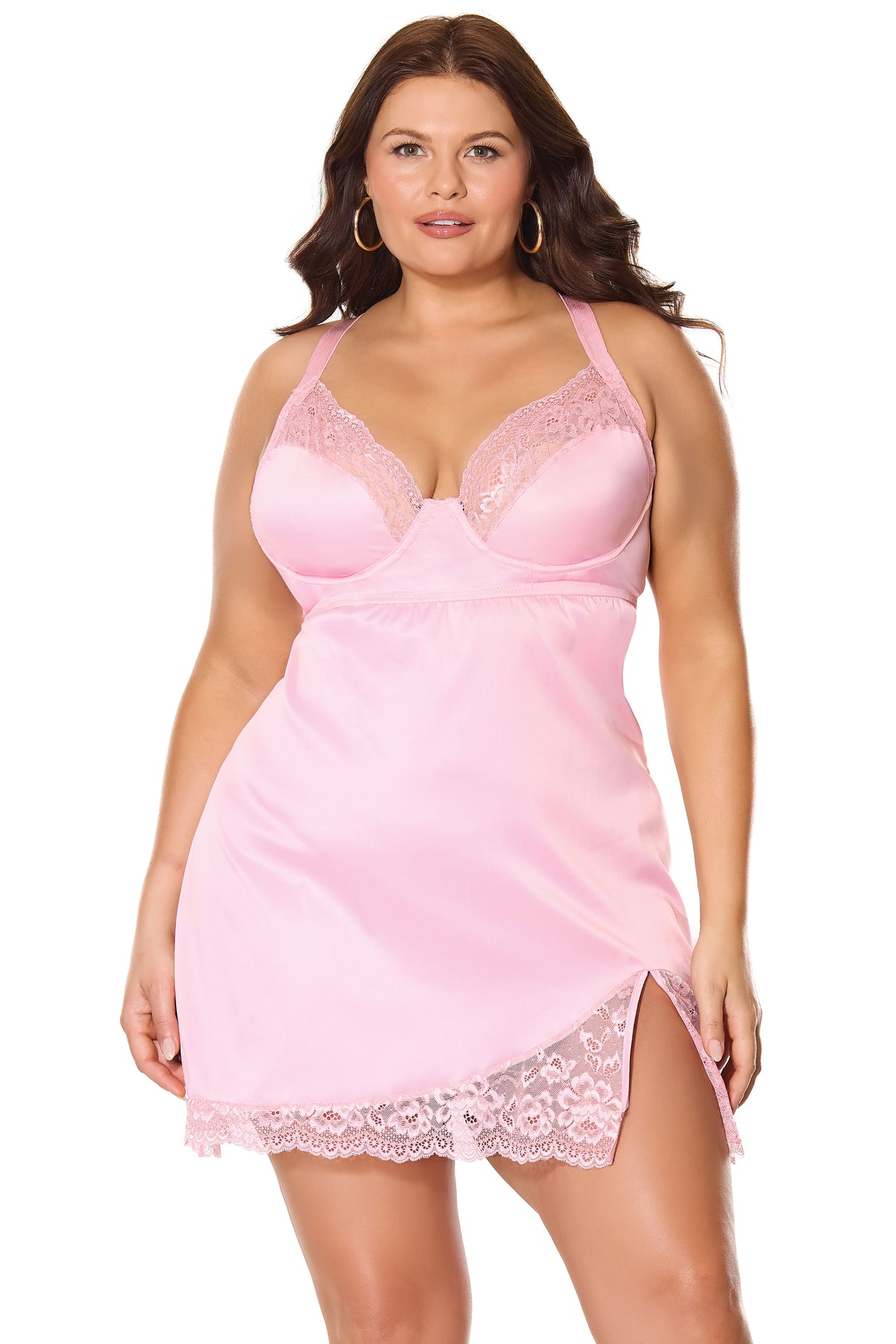 Kissed by Satin Chemise with Lace Side Slit Pink